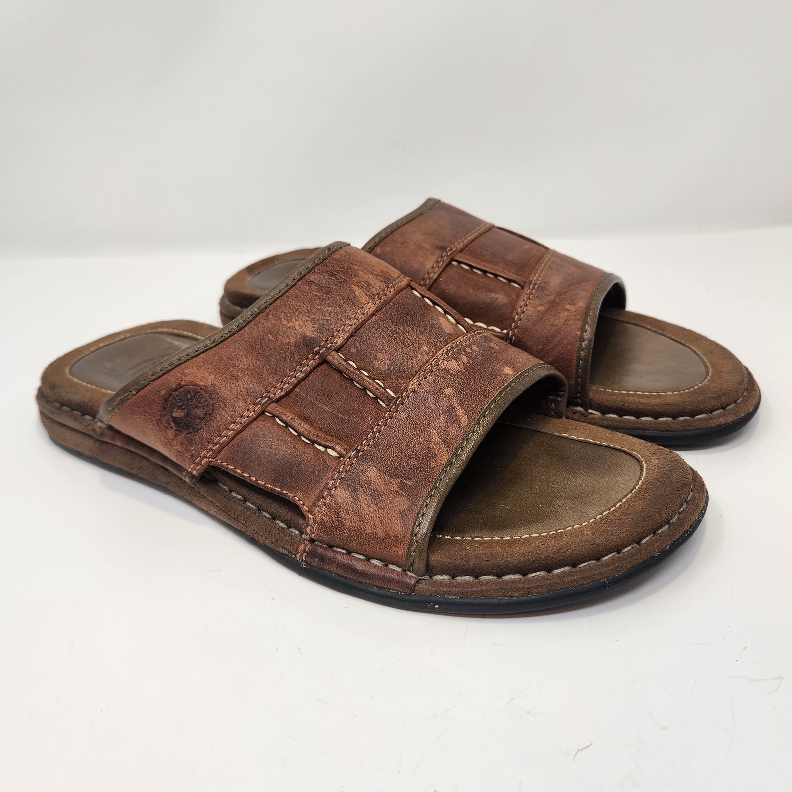 Timberland Men Brown Leather Slip On Sandals Slides Size 8m Open Toe Cushioned